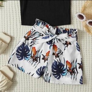 Tropical Print Paperbag Waist Belted Shorts, Large